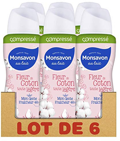 Monsavon Déodorant Anti-Transpirant Femme Spray Compressé Fraîcheur 48h, Fleur de Coton (Lot de 6x100ml)