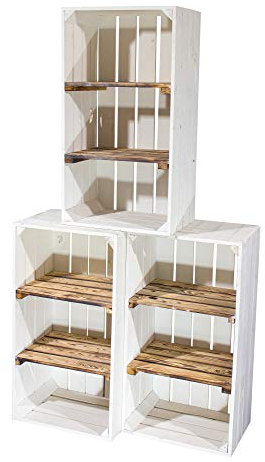 Moooble 6er Set Weiße Regalkiste mit 2 geflammten Mittelbrettern 68cm x 40cm x 31cm Zwischenbretter flambiert Obstkiste Weinkiste Klassisch Schuhregal Bücherregal Kistenregal Einlegeböden