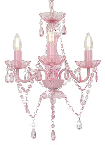 vidaXL Lampadario con Perle di Cristallo Rotondo 3 Lampadine E14 Lampada Soffitto Luce Pendente Base in Metallo Rosa Gocce Acrilico Trasparente
