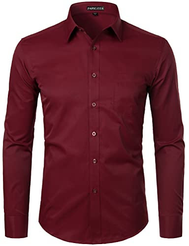 PARKLEES Men's Long Sleeve Dress Shirt Solid Slim Fit Casual Business Formal Button Up Shirts with Pocket Burgundy L
