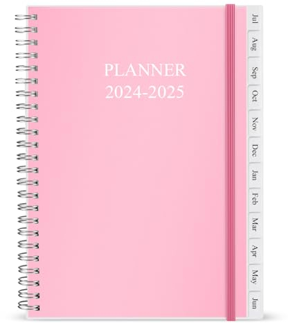 Planer 2024–2025 – Wochen- und Monatsplaner von Juli 2024 bis Juni 2025, 15,9 x 21 cm, 12 monatliche Registerkarten, 14 Notizseiten, Kunststofftasche, flexibler Einband mit Doppeldrahtbindung, rosa