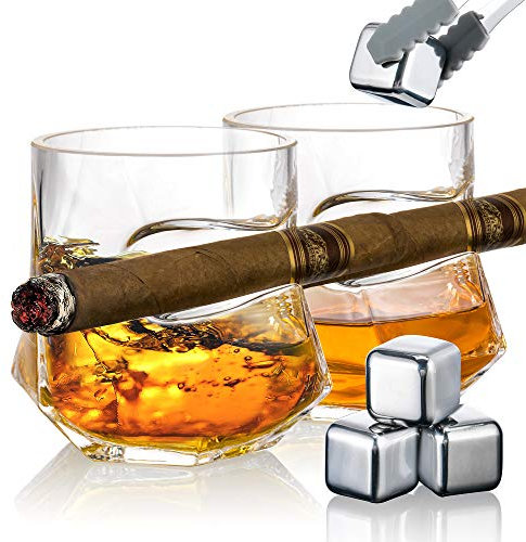 NEW PACIFIC YOUYAH Zigarren Whiskygläser,mit Zigarrenhalter 2er-Set,Zigarren-Zubehör,Kristall-Whisky-Glas-Set mit Zigarrenablage, Rocks-Glas,für Cocktails,Scotch,Bourbon,Geschenke für Männer(300ml)