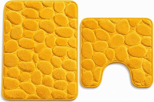 NIGHTZONE Pebble Stone Bath Mat Set Non Slip Pedestal Extra Absorbent 100% Memory Foam Bathroom Toilet Rug Ochre
