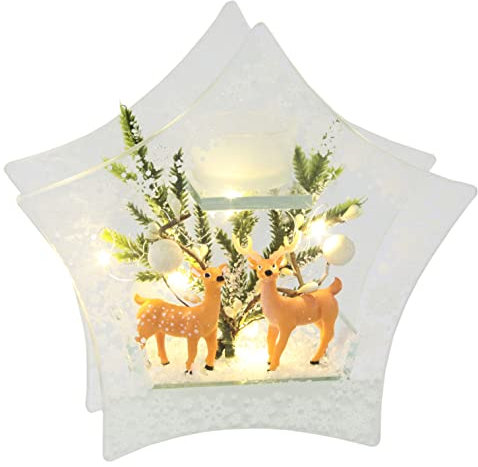 Dekorierter Teelichthalter aus Glas mit Hirsch Tannenzweige LED Licht Lampe Kerzenhalter Weihnachtsdeko Stabkerze Dekoration Weihnachten Glas Tischdekoration Geschenke Dekoobjekt Ornamente 3D Bild