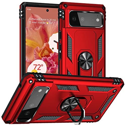 Yiakeng Pixel 6 Case, Google Pixel 6 Case, Silicone Shockproof Military Grade Protective Phone Cover with Ring Kickstand for Google Pixel 6 (Red)