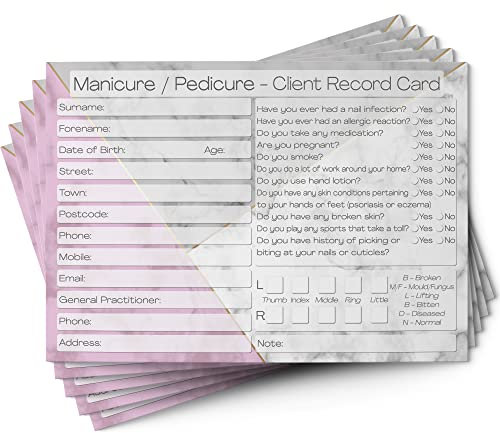 Nail Client Cards Manicure Pedicure - Salon and Therapist Customer Consultation Record - Treatment Services Essentials - Profile and Recording Forms - Gift, Loyalty Vouchers Pack of 25