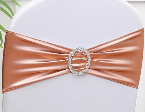 Gankar 100 Pack Wedding Decorations Elastic Rose Gold Chair Sashes Bands Buckles, Spandex Chair Bows for Party Reception Banquet Theme Event Decorative (100 Pieces, Rose Gold, Pink Gold)