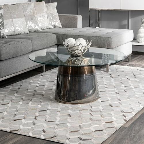 Modern Carpet Hand Woven Natural Cowhide Hair on Patch Work Leather Room Size Beautiful for Living Room C0130M (9'0X12'0, Grey)