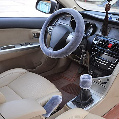 Lenkradbezug Plüsch, 3 Stück Universal-Lenkradhüllen, Auto-Lenkrad Bezug mit Handbremsenbezug/Schaltgetriebebezug, Lenkradabdeckung 36–39 cm, Auto Winter Zubehoerweich rutschfest Flauschig (Grau)
