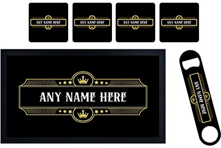 ShopQuality4U Personalise Cocktail Bar Runner Mat, Matching add-ons Bottle Opener, Drinks Coasters, Gift Set | Beer Gifts Home Bar Accessories for Pub Bars Man Cave Him Her Gin Oclock
