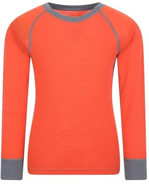 Mountain Warehouse Merino Kids Round Neck Thermal Baselayer Top – Long Sleeve, Lightweight, Antibacterial, Breathable & Quick Dry T-Shirt - Travelling & Outdoors Orange Kids Size 5-6 Years