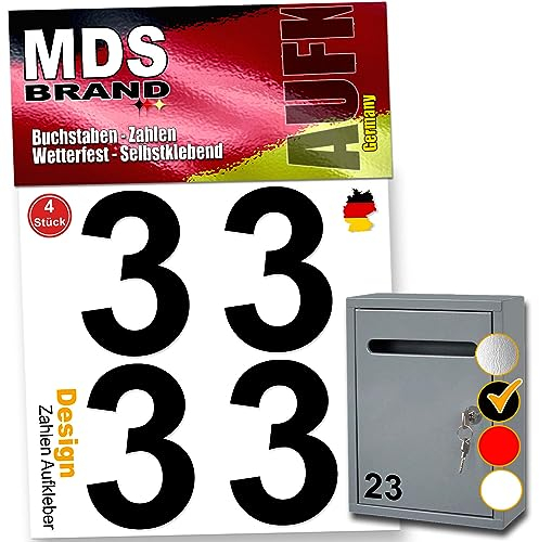 MDS Brand Zahlen Aufkleber 5cm Design Selbstklebende Klebezahlen | Vinyl Hausnummern zum Aufkleben für Briefkasten, Mülltonnen, Hausnummer für Außen & Innen (Schwarz, 3)