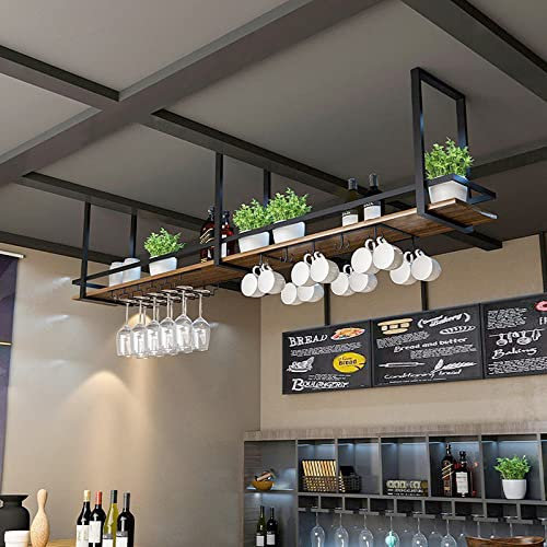 BTZHY Wine Rack,Hanging with Glass Holder and Shelf, Metal Ceiling Storage Rack, 30kg Weight Capacity, Retro Upside Down Stemware Goblet Wine Glass Holder