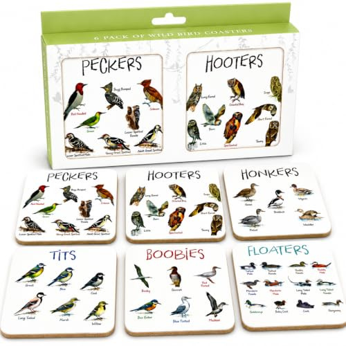 Rude Bird Coasters Set of 6 Funny Novelty for Bird Watchers | Secret Santa Funny Christmas Gift for Bird Lovers Twitchers Bird Watchers. Novelty Drink Mats for Him or Her