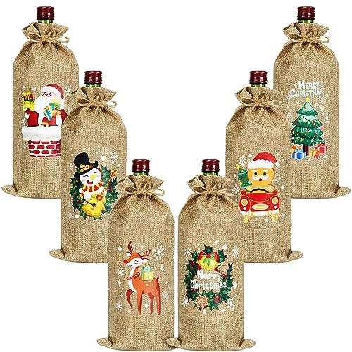 BELLE VOUS Lot de 6 Sac Bouteille Noel en Toile de Jute - Emballage Cadeau Bouteille Vin avec Cordon en Corde - Pochette Cadeau Bouteille Réutilisables avec Motif Noël - Rangement, Voyage ou Fêtes