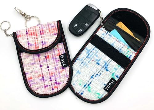 Hooz Faraday Pouch for Car Keys or Credit Cards - Set of 2 RFID Blocking Key Holder Storage for Credit Cards, Keyless Fobs - Anti-Theft Protector - Keyring For Hanging (1 Pink and 1 Green)