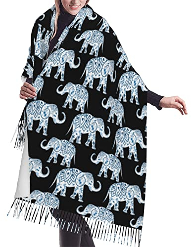 LAMAME Magic Blue Fox bedruckter Kaschmir-Schal mit Fransenkante Quaste Schal Mode langer Schal, Azteken-Elefant, One size
