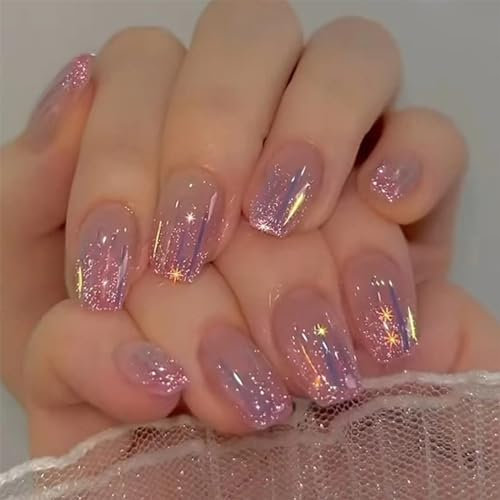 24pcs Short Coffin Glitter Purple Stick-on Nails, Aurora Meteor Ballerina Press-on Removable Glue-on Full Cover Fake Nails for Women Girls, Nail Art Accessories