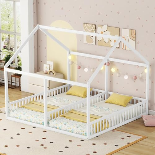 Hausbett kinder 90 x 200CM,2-in-1-Betten Jugendbett,Kinderbett,kleinkinderbetten,rausfallschutz kinderbett holz,für Jungen & Mädchen,White