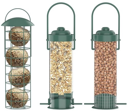 ZENO Bird Feeders 3 Pack | Bird Feeder | Metal Bird Feeders for Hanging | Hanging Bird Feeder | Weatherproof & Rust Resistant | Great for Seeds, Nuts, Balls | Plastic Tube, Dense Mesh, Coarse Mesh