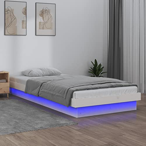 ULUYYUC Massivholzbett, Bodenbett Palettenbett Bettgestell Gästebett Geeignet für Arbeitszimmer Wohnbereich Schlafzimmer Zimmer Mieten mit LED Weiß 90x200 cm