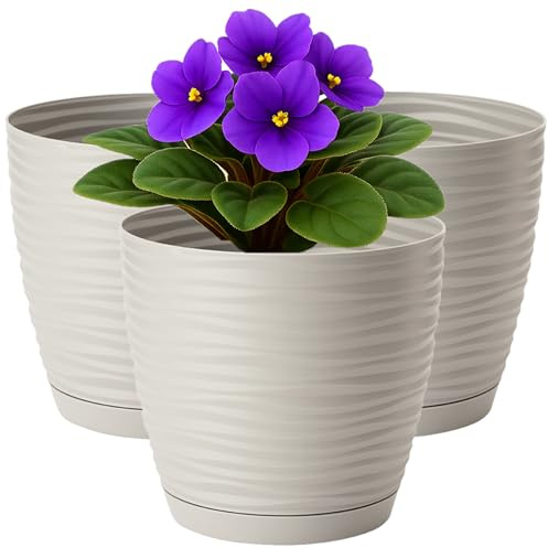 Home Garden Ornaments Lot de 3 Pots de Fleurs Ø 27 cm en Plastique avec Soucoupe Intégrée et Trous de Drainage – Cache-Pots Intérieur Extérieur – Design Rainuré – Gris Clair