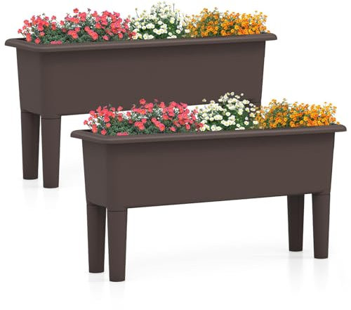 HOMASIS Juego de 2 bancal alto, jardinera de plástico, maceta de 29 L, jardinera con patas extraíbles y orificio de drenaje, jardineras para balcón, jardín, terraza, 80 x 30 x 40 cm (café)