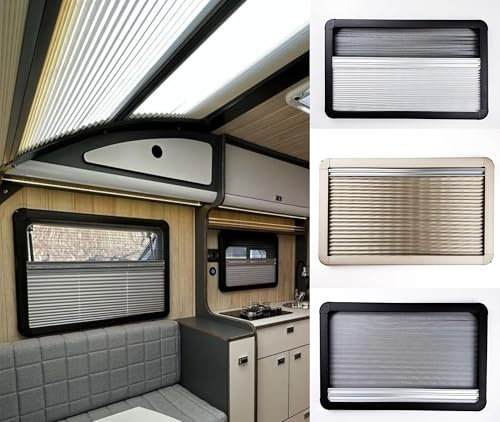 Thermal Blind & Flyscreen for Caravan, Motorhome, Horsebox, in Black Frame & Pale Grey Fabric W52 x L50cm (overall framed size 60 x 58cm))