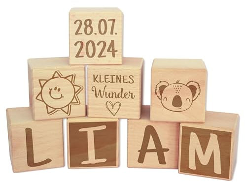 FEENSTAUB Bauklötze personalisiert, Geschenk Geburt, Holzwürfel graviert, personalisierte Geschenke Baby Buchstaben Holz, Holzklötze, Bausteine Holz, Geburtsgeschenk, Buchstabenwürfel