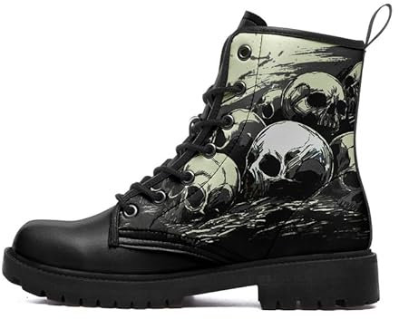 coolcustomize Stivali da combattimento da uomo con teschio gotico, punk rock, alla moda, con lacci, stivaletti alla caviglia per le donne in pelle leggera scarpe invernali, Teschio nero., 47 1/3 EU
