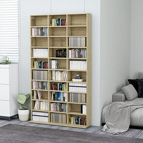 Homgoday Sonoma Oak CD Cabinet 102 x 16 x 177.5 cm Engineered Wood CD Tower with Open Compartments Storage Unit CD DVD Shelf for Living Room, Bedroom, Office