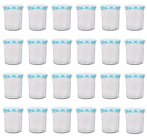 24x 150ml Marmeladengläser aus Glas mit Blauen Gingham-Deckeln - Leer Schraubverschluss Küche Essen Honig Würzen Konservieren Einmachen Lagerung Gefäß-Set - Von Argon Tischware