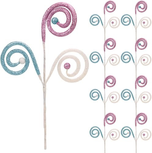 Set of 8 Glitter Curly Christmas Tree Picks Decorations, 33cm Swirl Curly Ball Sprays Faux Candy Stems for Xmas Tree Home Holiday Flower Arrangements Wreath Vase Craft Filler (Pink White Blue)