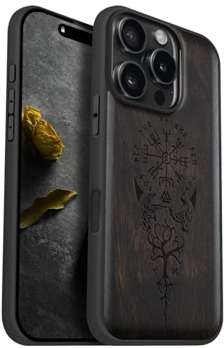 Carveit Wood Case for iPhone 16 Pro (The Guiding Vegvisir -Blackwood) | Magnetic iPhone 16 Pro Case - Compatible with MagSafe Wireless Chargers - Engraved Wood with Soft TPU Shockproof Bumper