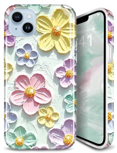 JIAXIUFEN Case for iPhone 14 Plus Sparkle Glitter Retro Oil Painting Printed Flower Design Slim Shockproof Protective TPU Soft Silicone Cover Phone Case Mint Colorful