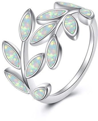 AXELUNA Weißer Opal Blatt Ring für Frauen 925 Sterling Silber Adjustable Leaf Ring Schmuck Geschenk für Mutter Ehefrau