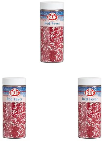 RUF Red Fever Streusel, glänzende Torten-Deko, Zucker-Perlen in rosa weiß und schimmernde rote Zucker-Kristalle, zum Verzieren von Plätzchen, Cupcakes Deko (Packung mit 3)