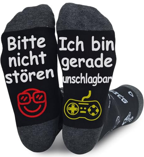 Lustige Socken Gaming Socken Gamer Coole Geschenk Mit Spruch Bitte Nicht Stören Ich Bin Gerade Unschlagbar Lustig Coole Geschenke Für Zocker Männer Herren Frauen Weihnachts Erntedankfest,schwarz grau