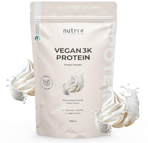 Nutri + Veganes Proteinpulver Sahne 1 kg - 80% Eiweiß - 3k Eiweißpulver Geschmack - Protein Pulver Vegan 1000 g ohne Milch & Laktose