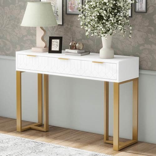 LERFAN Table console moderne avec 3 tiroirs, table basse avec structure dorée, repose-pieds réglables et poignées élégantes 120 x 36 x 80 cm (l x P x H) - Blanc + doré