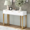 LERFAN Table console moderne avec 3 tiroirs, table basse avec structure dorée, repose-pieds réglables et poignées élégantes 120 x 36 x 80 cm (l x P x H) - Blanc + doré