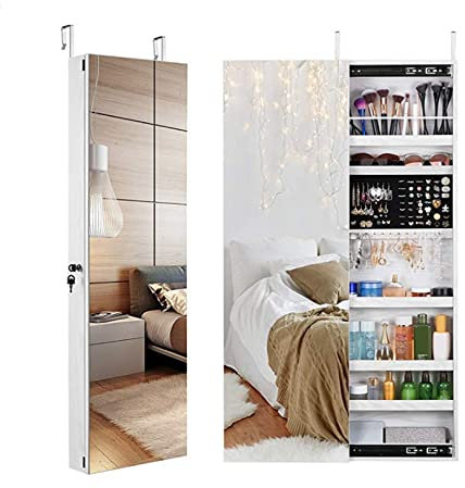 Armoire à bijoux, organiseur d'armoire à bijoux mural avec porte coulissante en miroir, armoire à bijoux avec panneau de rangement rabattable pour boucles d'oreilles et miroir pleine longueu