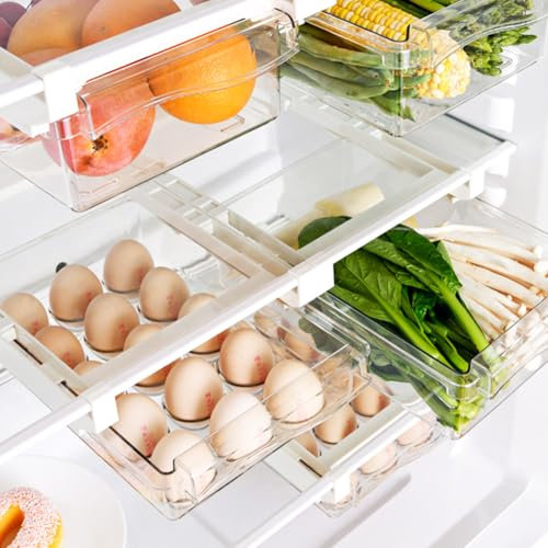 RANJIMA Kühlschrank Organizer Schublade, 2Pcs Kühlschrank Schubladen Ausziehbar Gemüsekiste+Eierhalter Aufbewahrungsbox Home Organizer Ordnungssystem für Kühlschrank Box Küche Haushalt