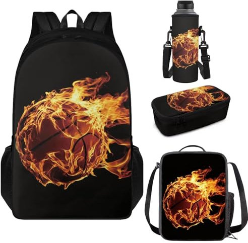 Aplkyhs Ensemble sac à dos d'école pour enfants et sac à déjeuner, trousse à crayons, porte-bouteille d'eau, Flamme Basketball, taille unique