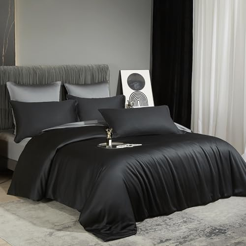 DXHOME Bambus Bettwäsche 135x200cm Schwarz Dunkelgrau Glatt Luxus Wende Sommerbettwäsche Luxus Lyocell Kühlende Bambusfaser Weiche Einzelbett Bettbezug mit Reißverschluss und 1 Kissenbezug 80x80cm