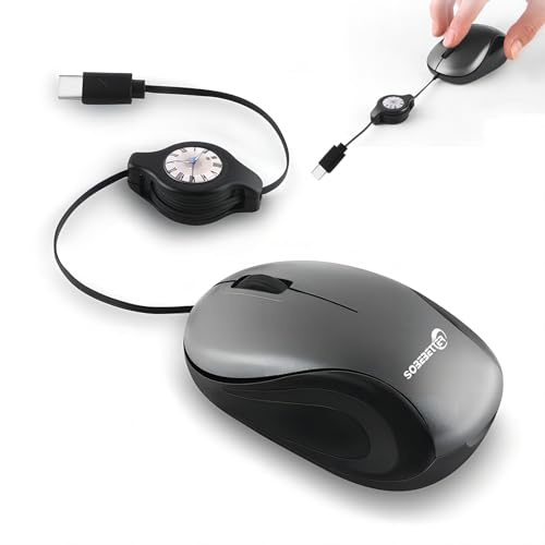 Mini Retractable USB-C Wired Mouse,Small Compact Portable,Silent Click,Plug and Play,Corded Mice for Travel Home Office School PC Laptop Computer Chromebook MacBook Tablet Phone Women Men Student Gift