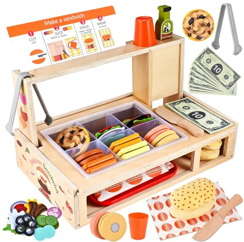 Wooderma Kinderküche Holz Sandwich, 51-teiliges Spielküche Zubehör | Küchenspielzeug Kinder, Küchen-Holzspielzeug, Montessori Rollenspiel Lernspielzeug ab 3 Jahren, Spiellebensmittel