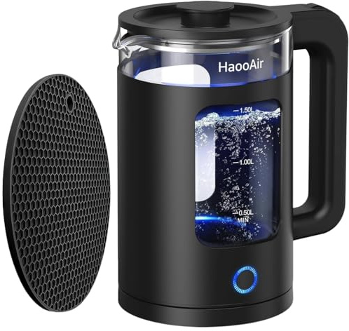 Haooair 1.5 Liter Electric Kettle with Blue LED Lights, hot water kettle mat, Easy to Clean Glass Design, Fast Boil Quiet, BPA-Free, Boil-Dry Protection