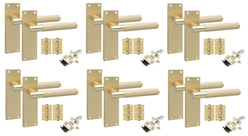 Golden Grace 6 Pair Victorian T-Bar Knurled Internal Door Handle Sets Satin Brushed Brass 150 x 40mm with 2.5 Latch & Hinges