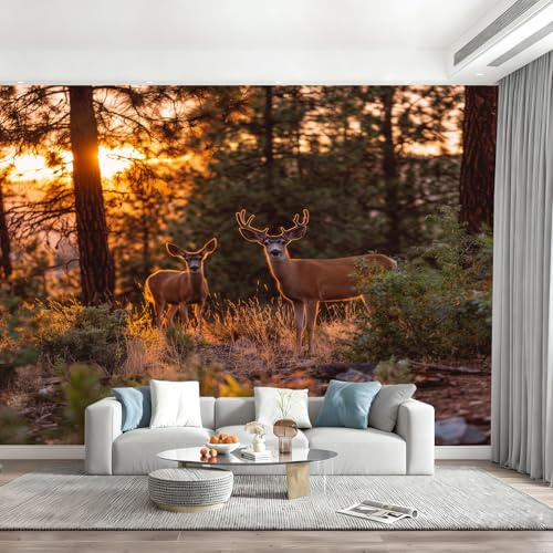 Générique Papier Peint Panoramique Jungle, Animaux, Cerfs, Coucher De Soleil Poster Geant Mural Papier Peint Pour Salon Chambre D'Enfant Décoration Murale, Coucher De Soleil Murales 390x260cm(L x H)